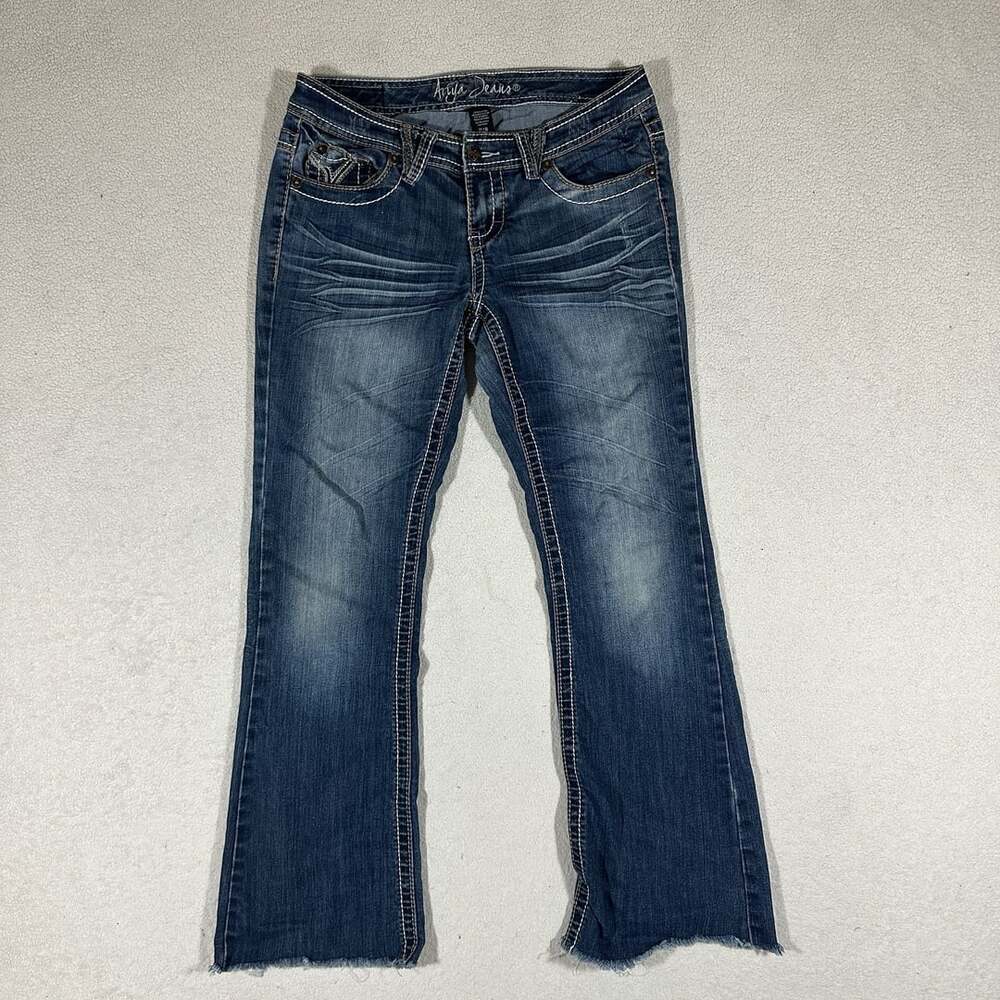 Ariya Jeans Women's Size 7/8 Blue Bootcut Flare Jeans Y2K Raw Hems Pocket Denim